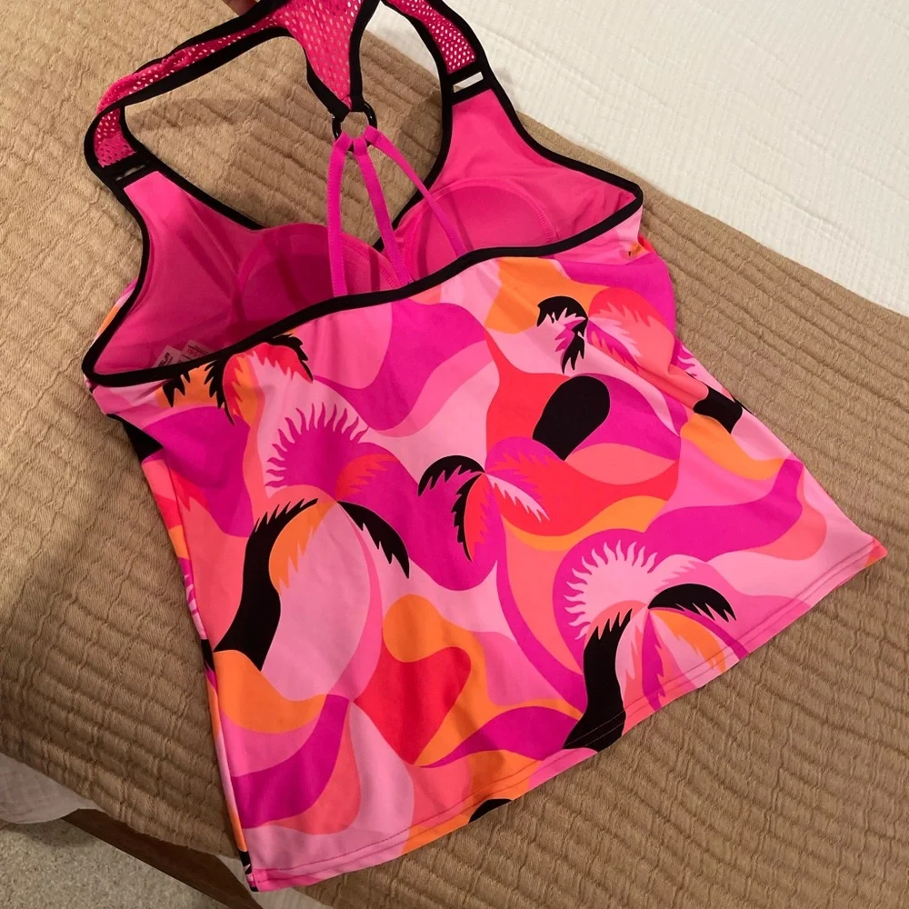 ZeroXposur Hot Pink and Black Women's Swim Top with Colorful Pattern